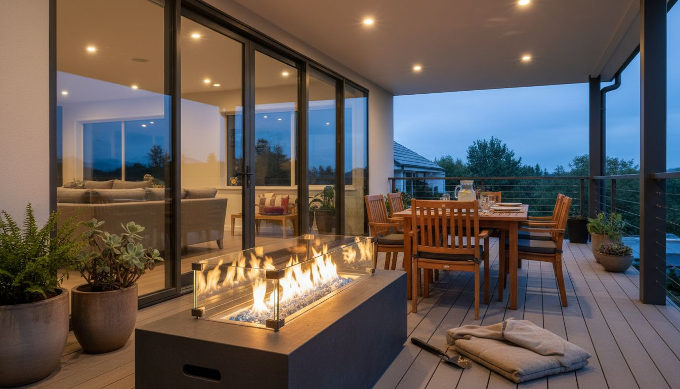 Modern deck with fire feature and dining set