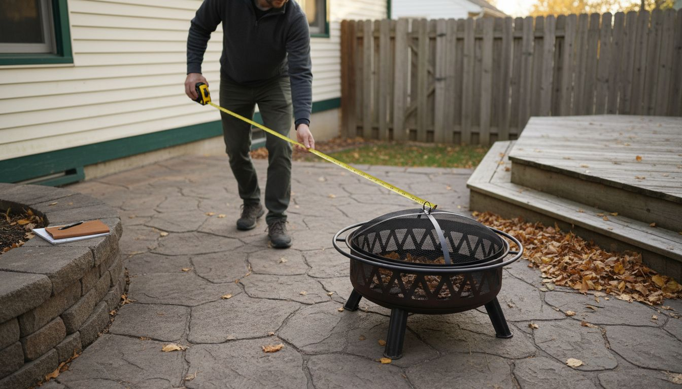 Inspector measuring fire pit clearance on backyard patio