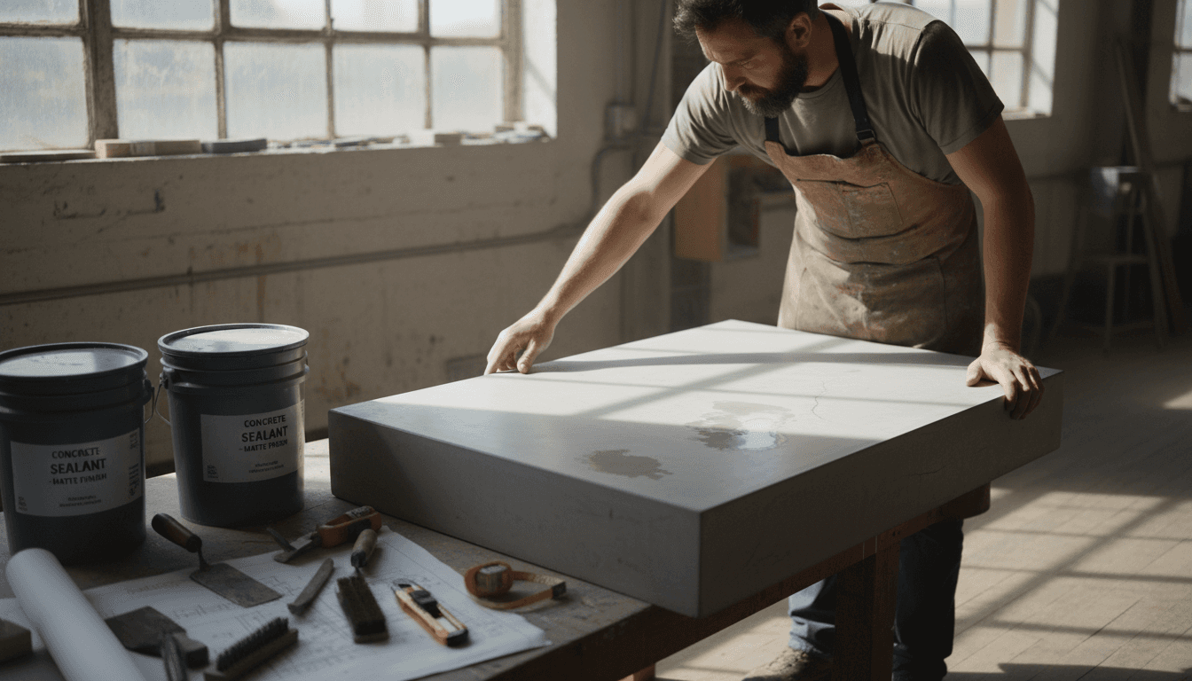 Artisan inspecting luxury concrete fire table