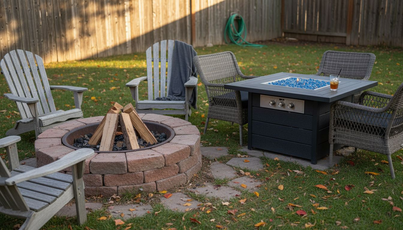 Fire pit and fire table side by side outdoors