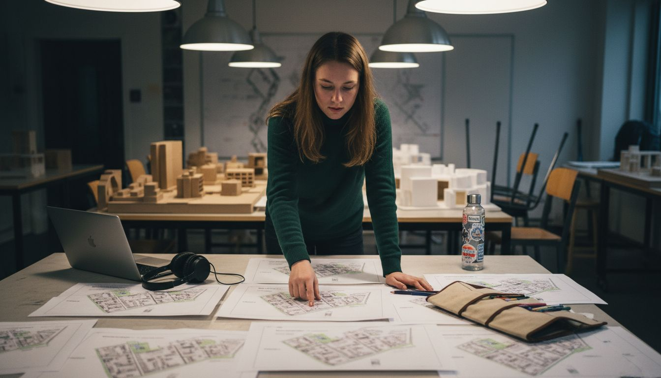 De architect neemt samen met het team de plattegronden van de studio door om het ontwerp te bespreken.