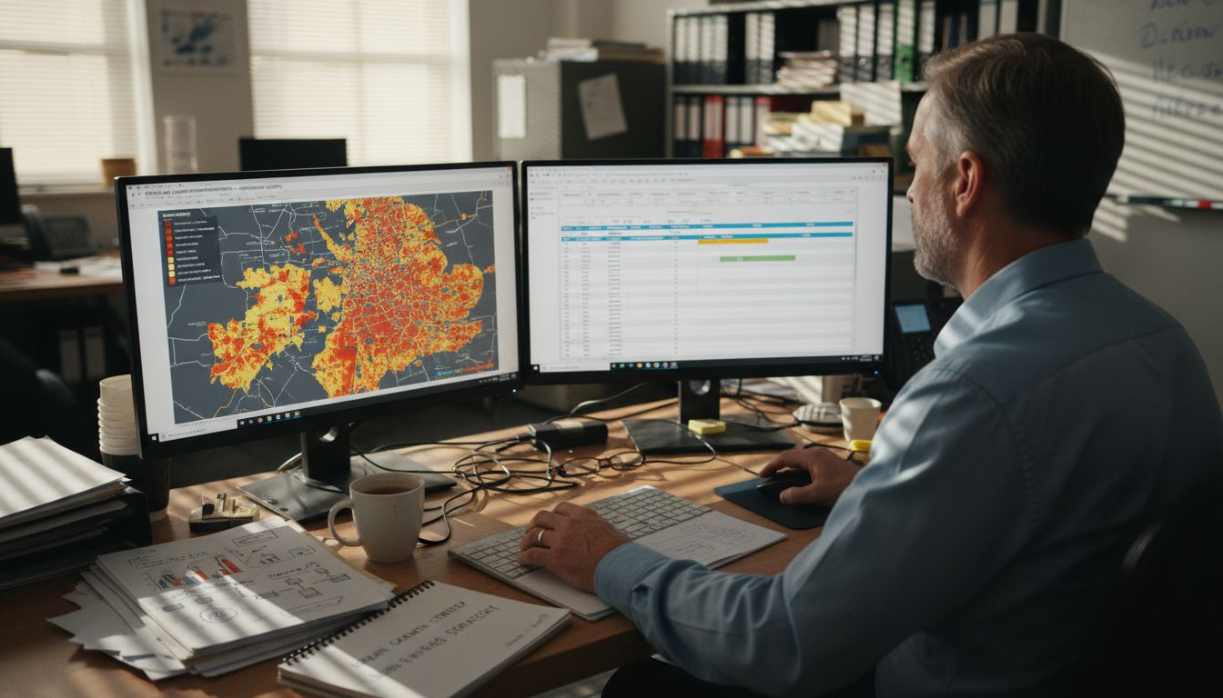 Planner studies city data on computer screens