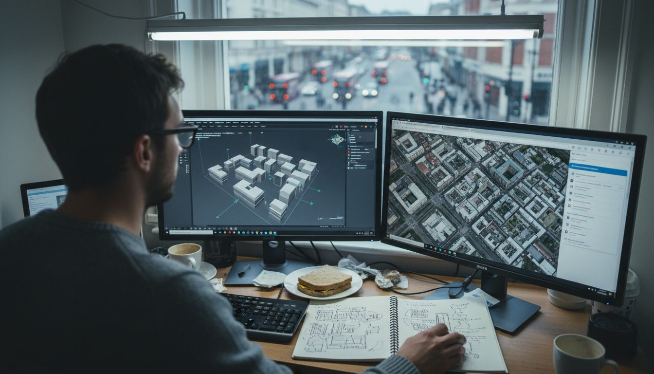 Technician using 3D city modeling software