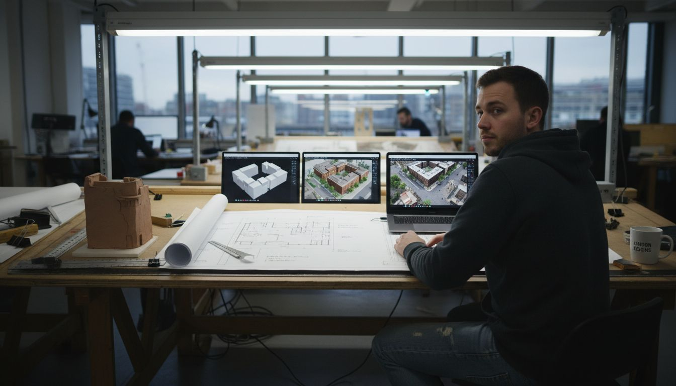 Architect comparing three levels of 3D city detail