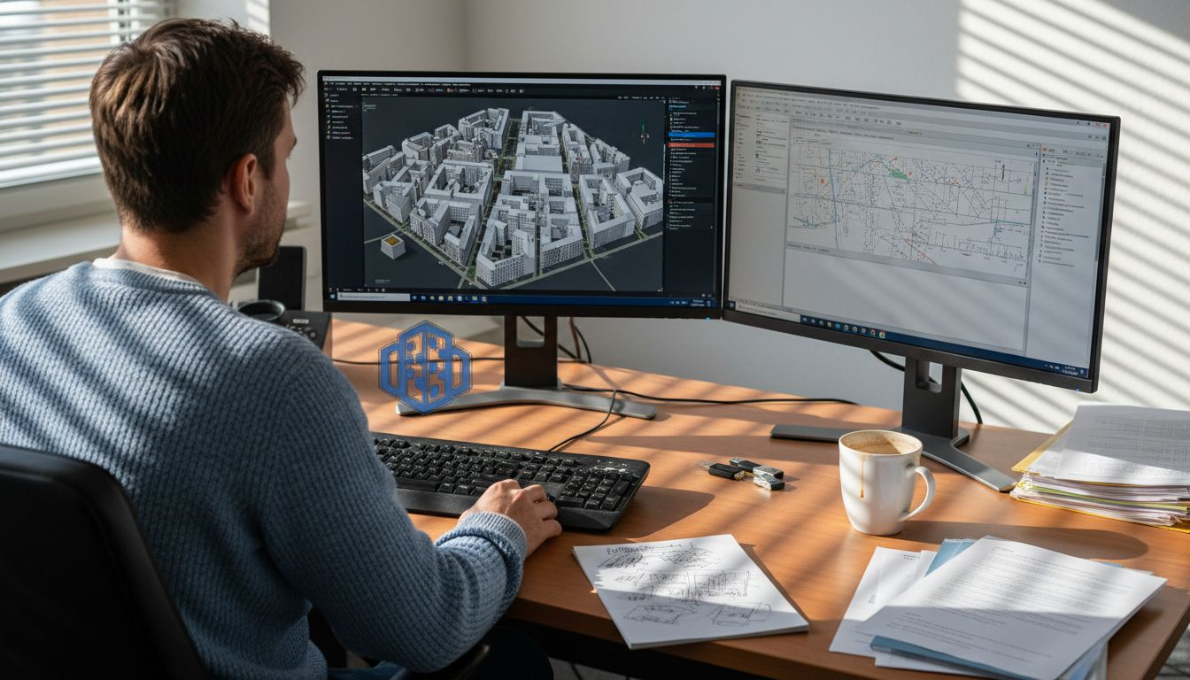 Specialist analyzing Berlin 3D city model workstation