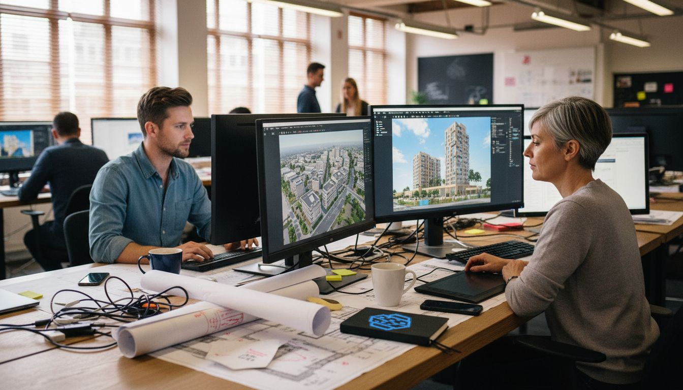 Designers collaborating in BIM software workspace