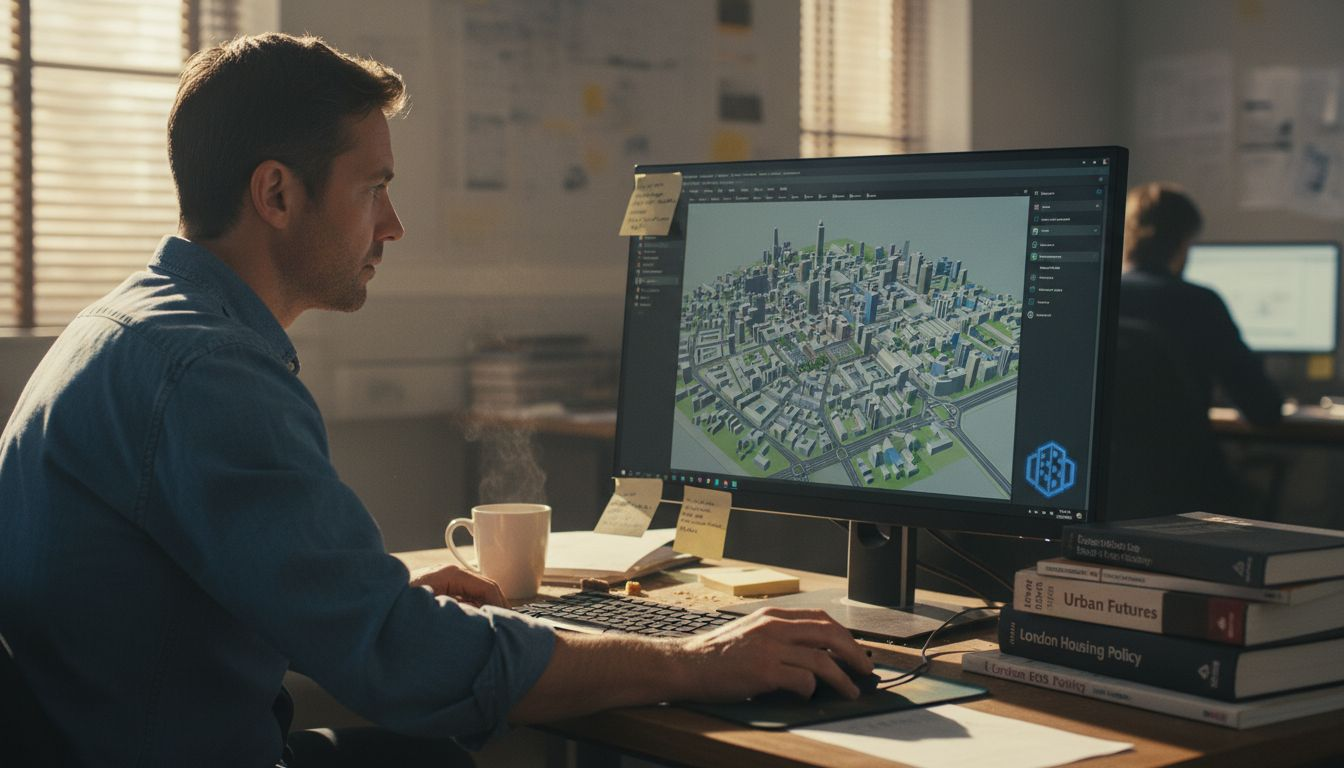 Planner working with 3D city model on monitor