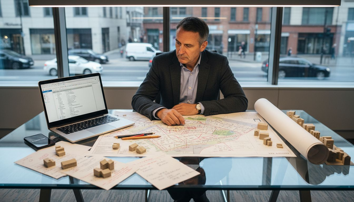 Architect reviewing urban planning scenario