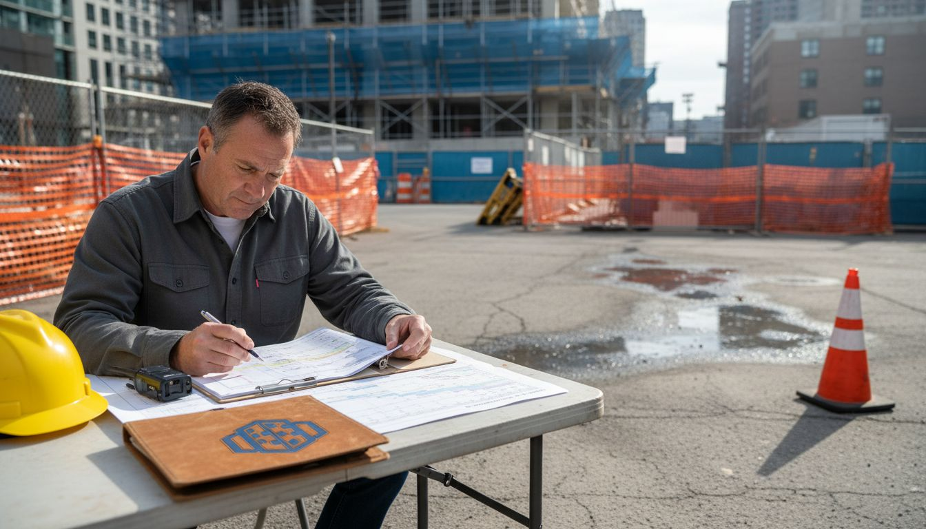 Manager checks timeline at urban build site