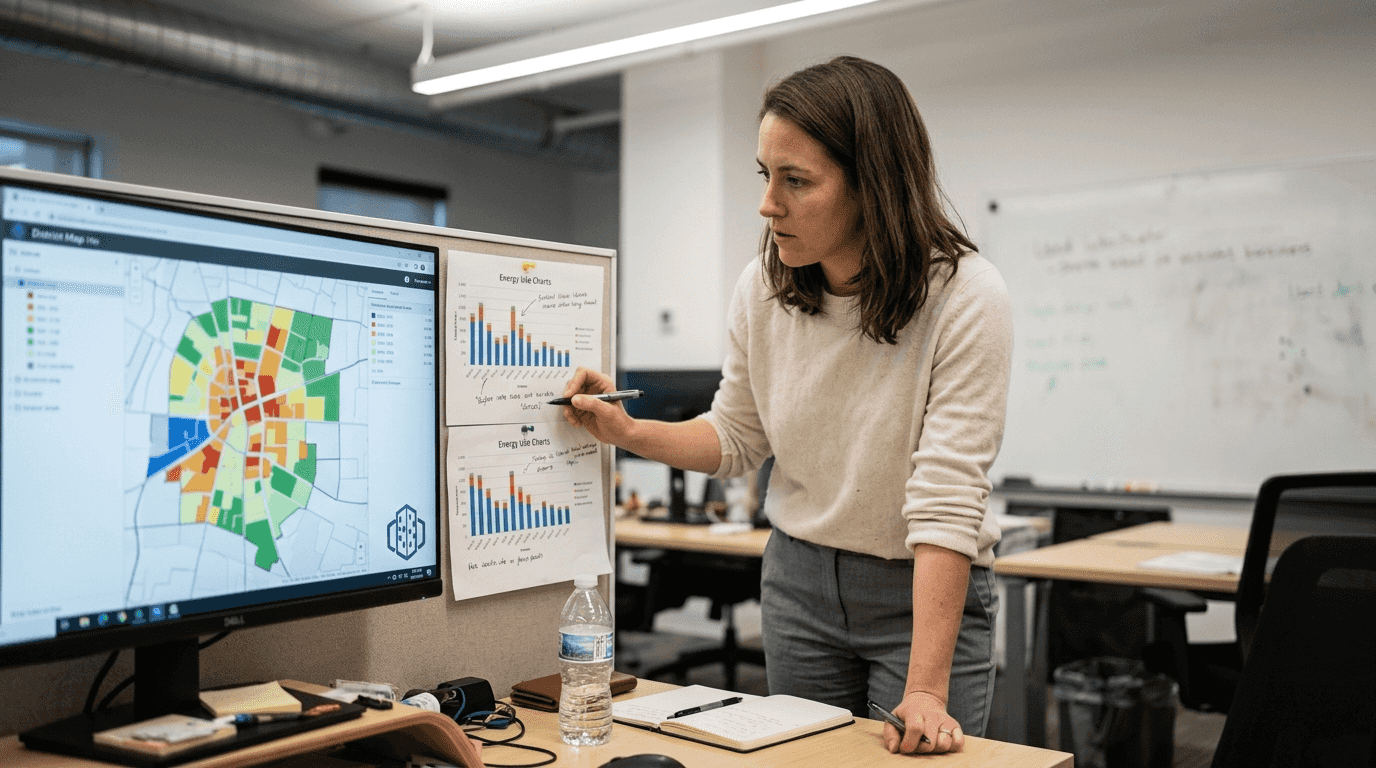 Urban designer looking at energy charts and maps