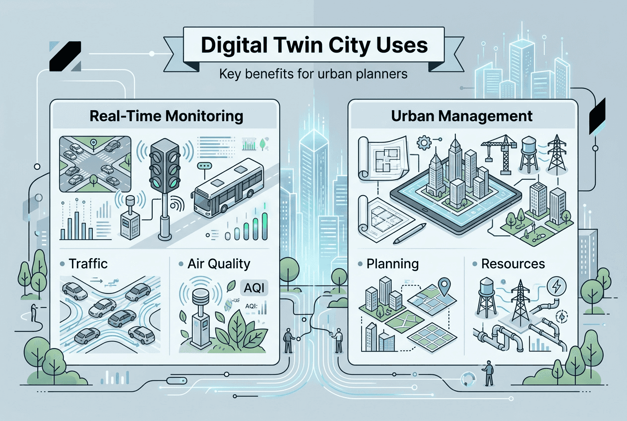 Infographic showing digital twin city uses