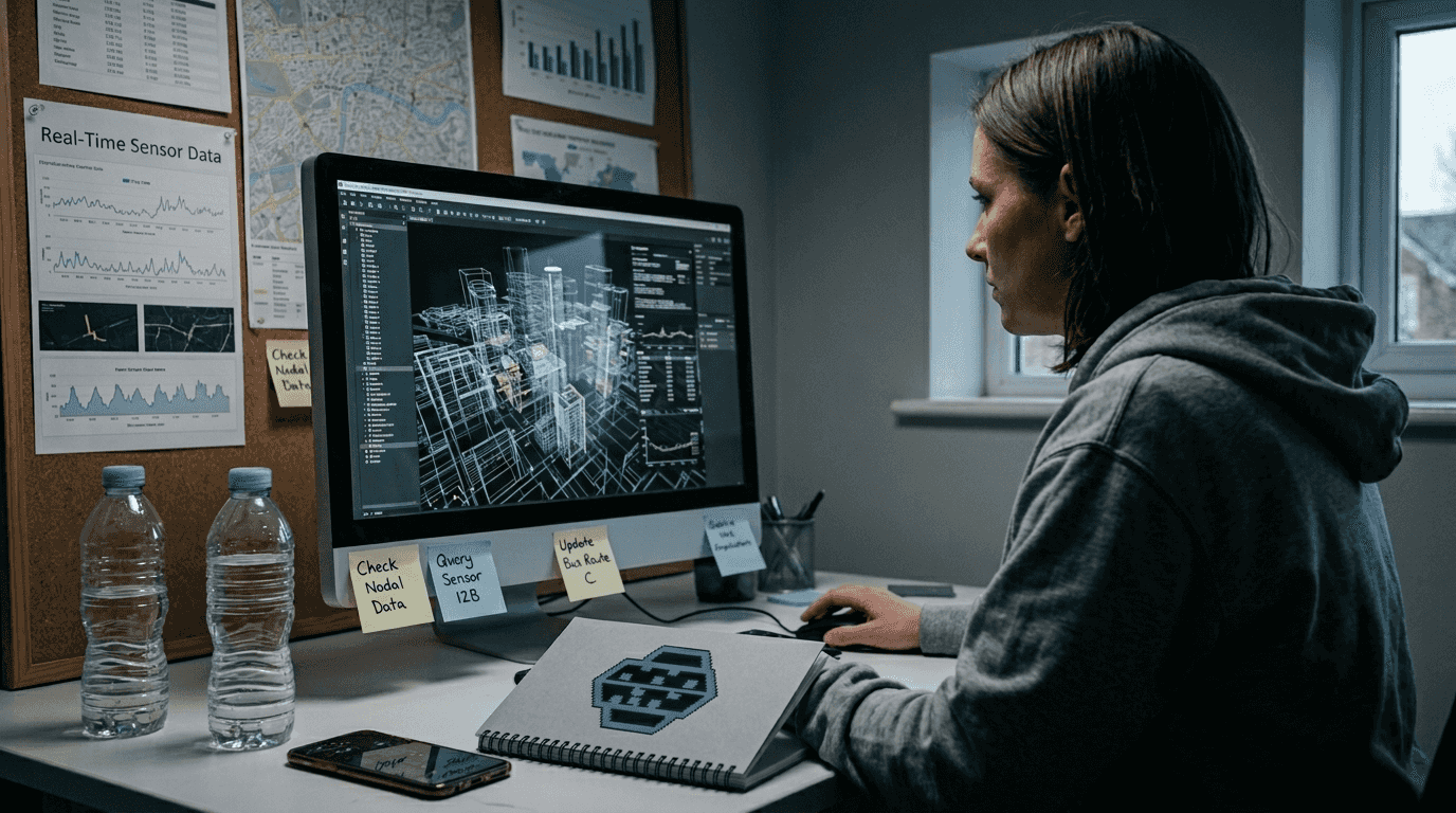 Specialist reviewing digital twin city simulation