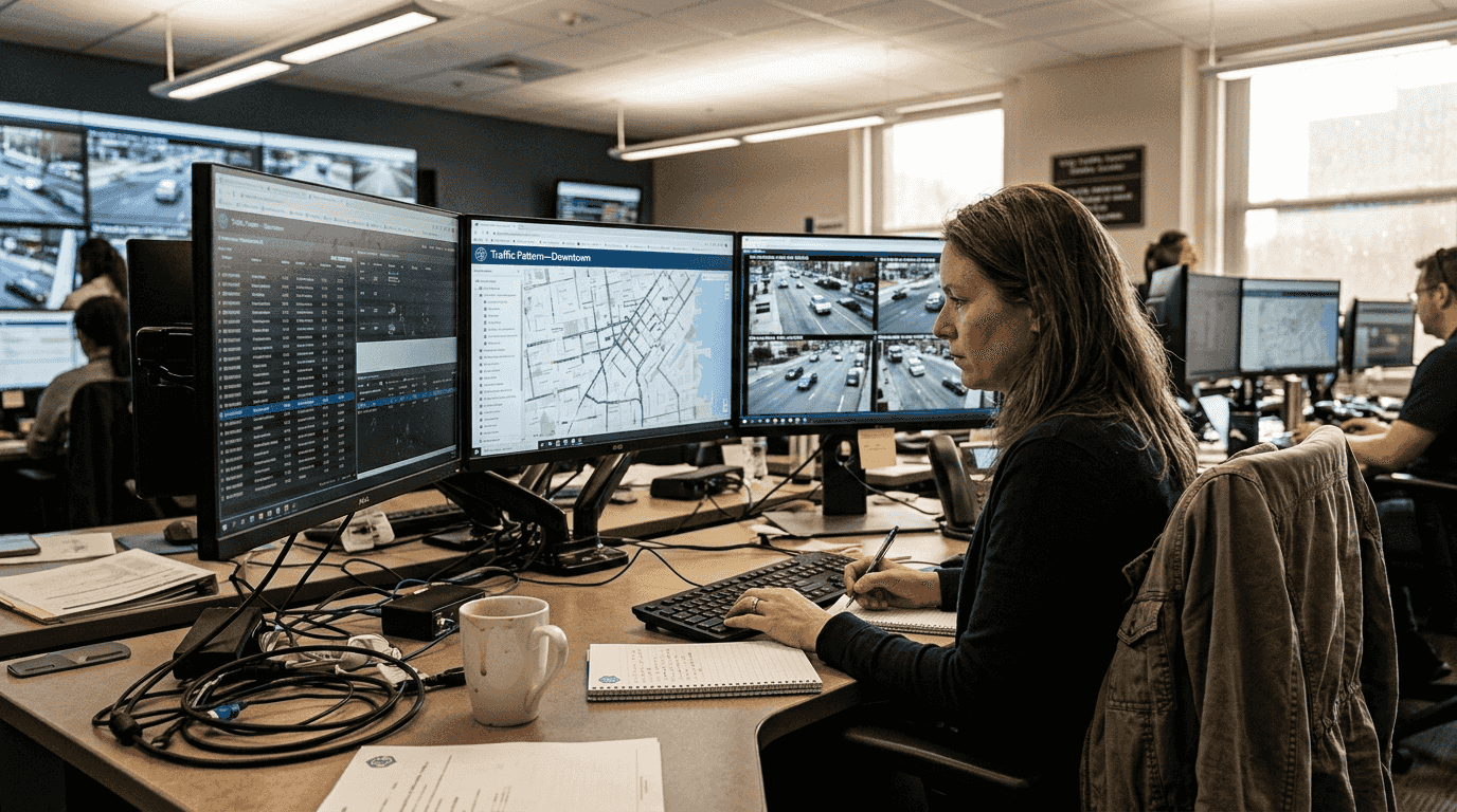 Analyst monitoring urban traffic data screens