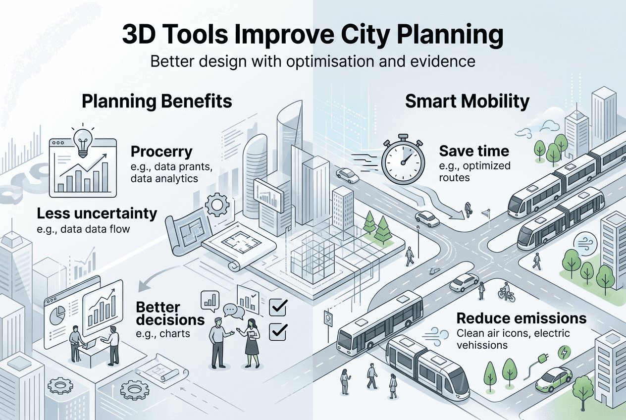 Infographic summarizing 3D city planning benefits