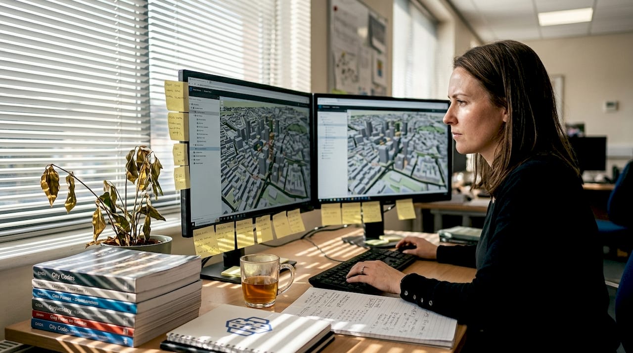 Urban planner working with 3D digital city model