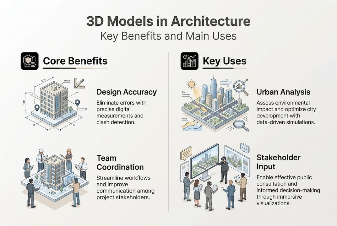 Infographic showing 3D model benefits and uses