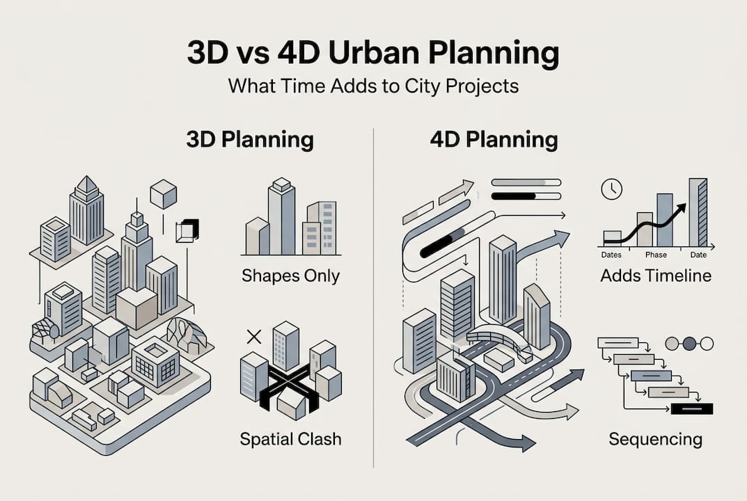 Infographic comparing 3D and 4D urban planning