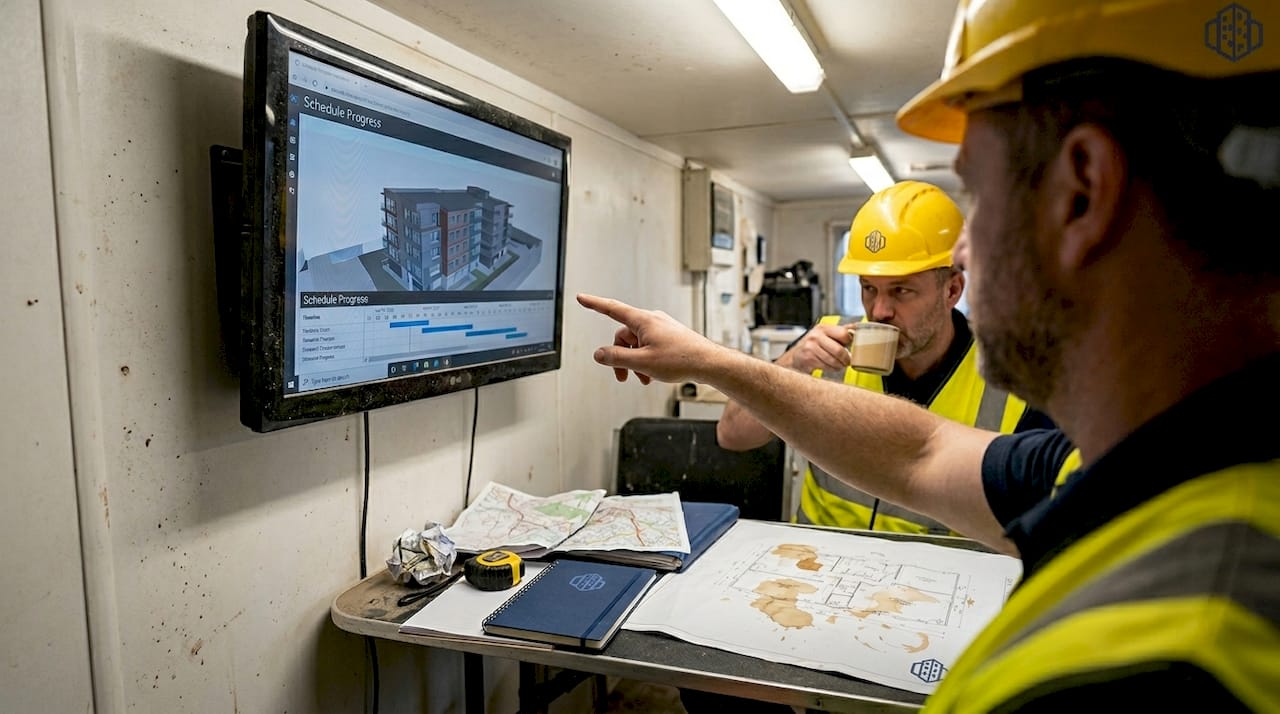 Construction managers reviewing digital build schedule