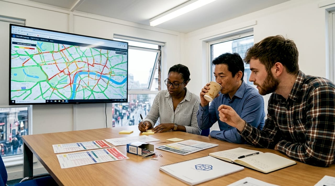 Urban planners viewing real-time city heatmap