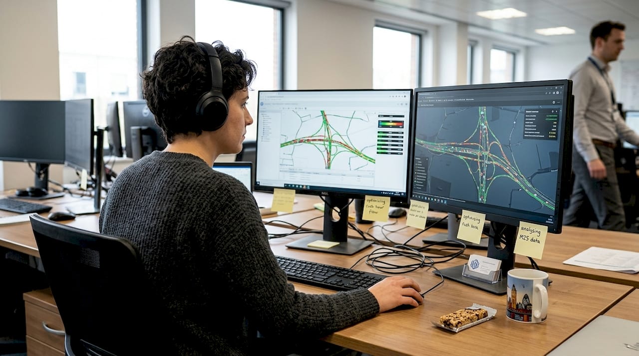 Analyst monitoring urban traffic simulation screens