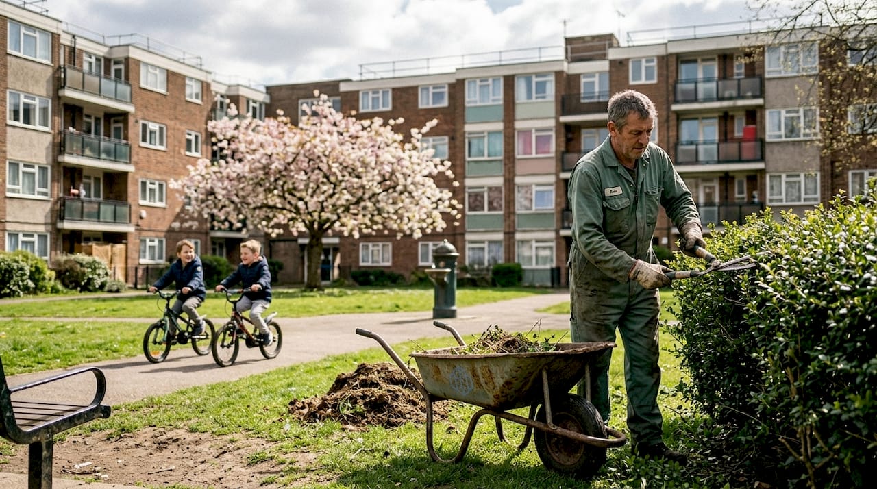 Groundskeeper trims park hedges in city setting
