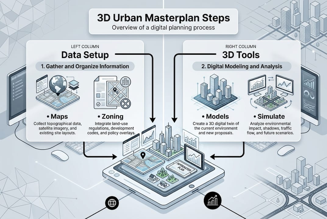 Infographic outlining 3D urban masterplan steps