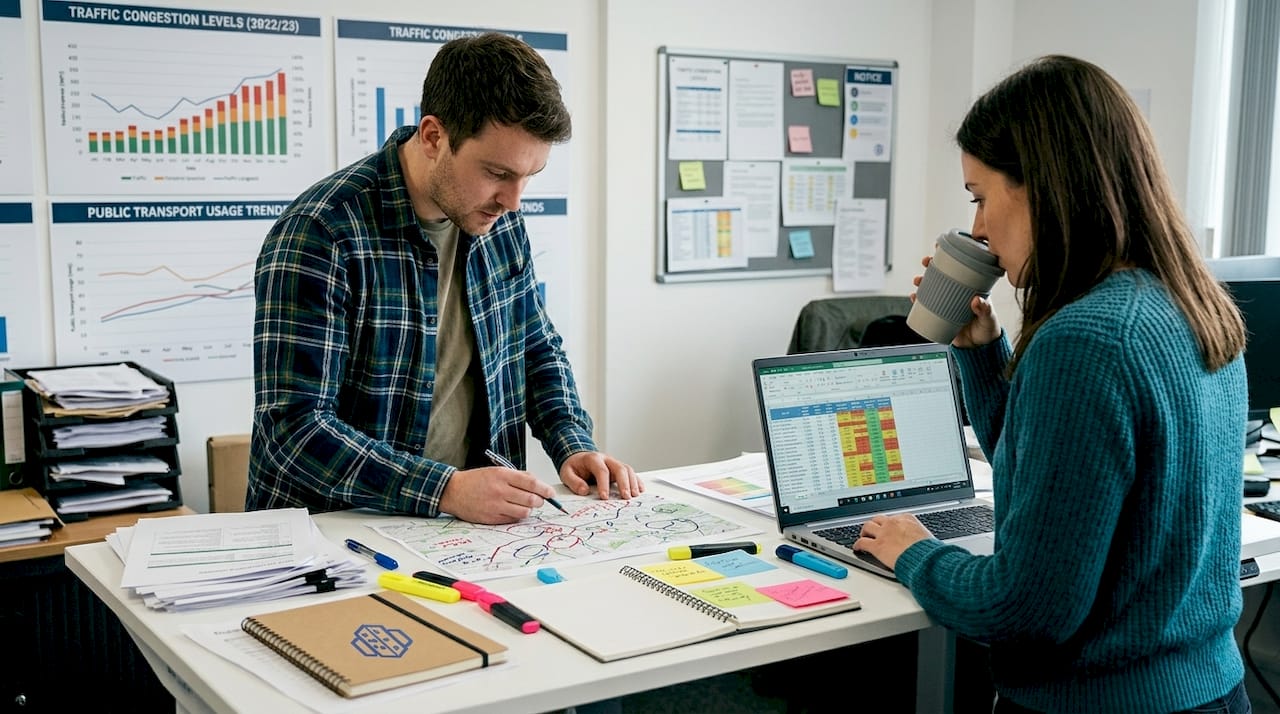 Team reviewing city data with printed maps