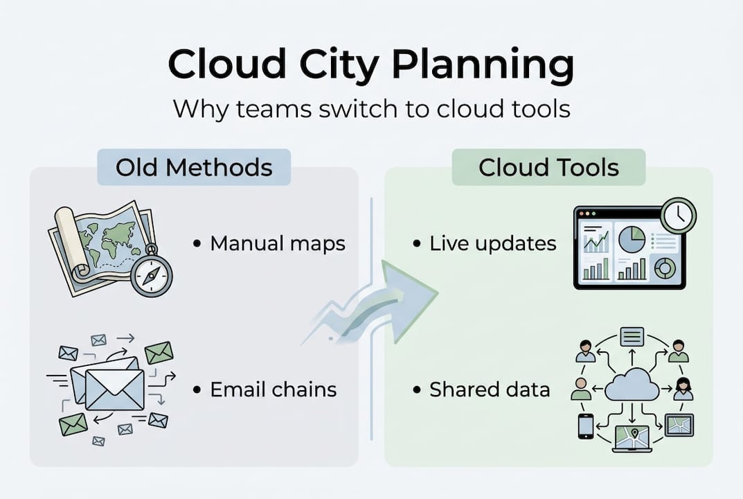 Infographic comparing old city planning vs. cloud tools