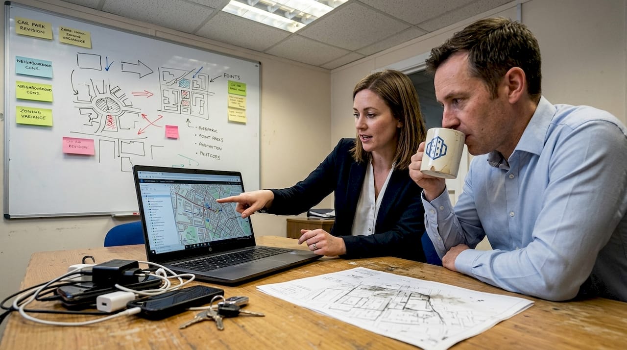 Team discussing city map on laptop together