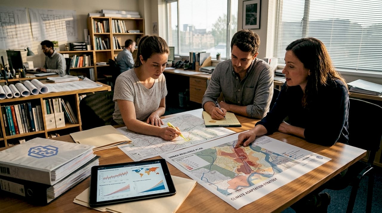 Team reviews urban resilience diagrams at table