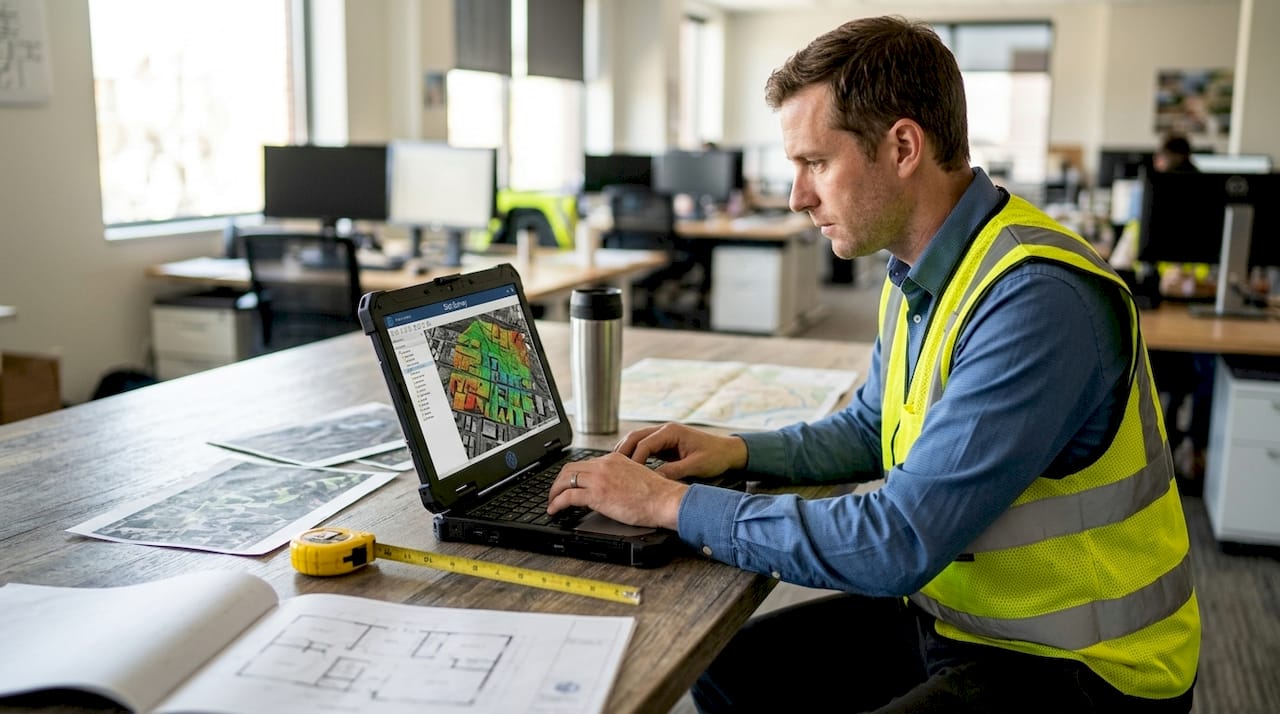Technician reviewing LiDAR scans in office