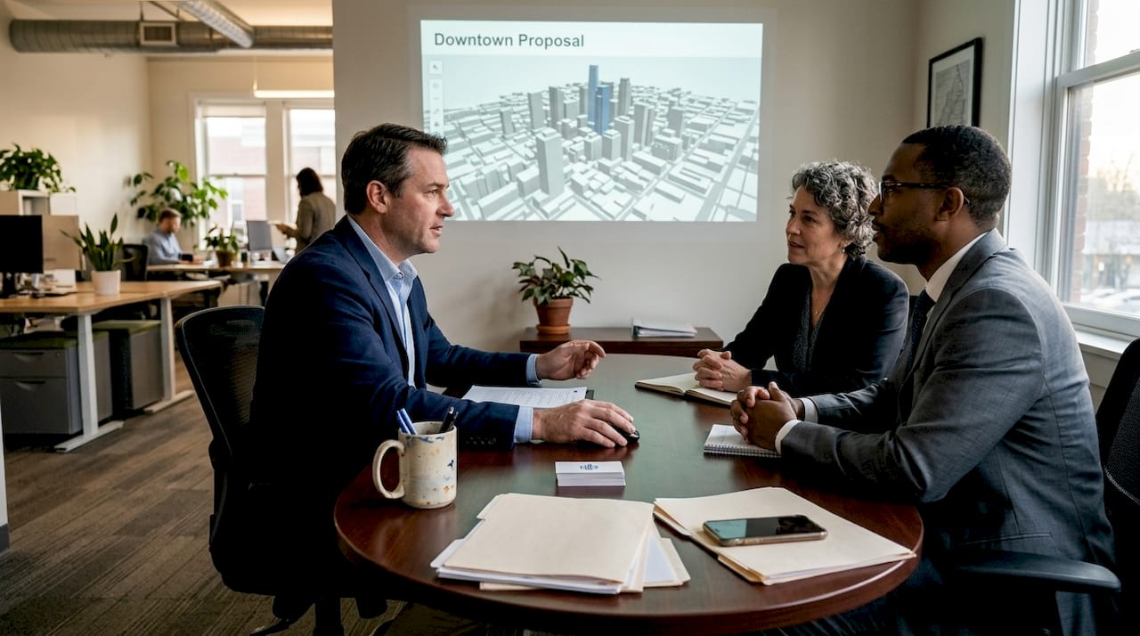 Stakeholders viewing interactive 3D urban model