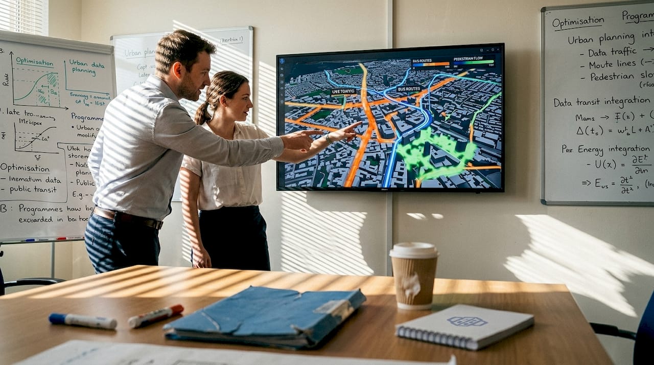 Engineers reviewing digital twin city map