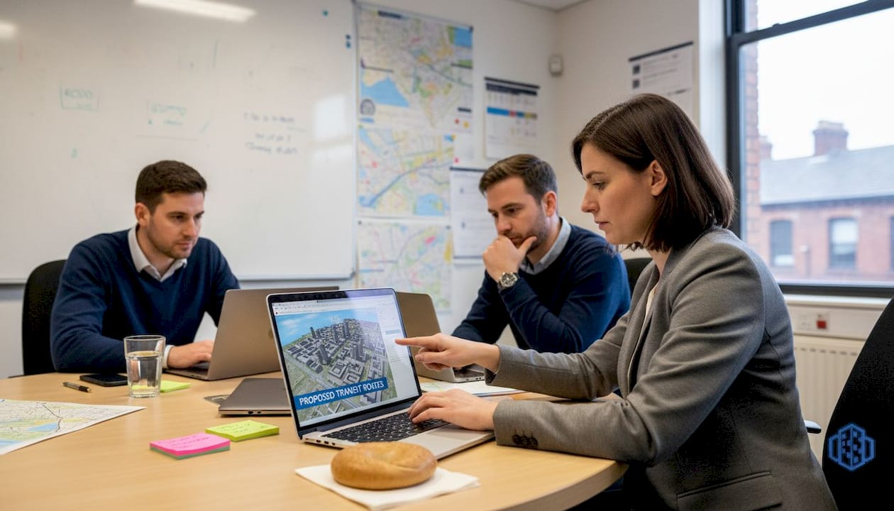 Team meeting with digital twin city map