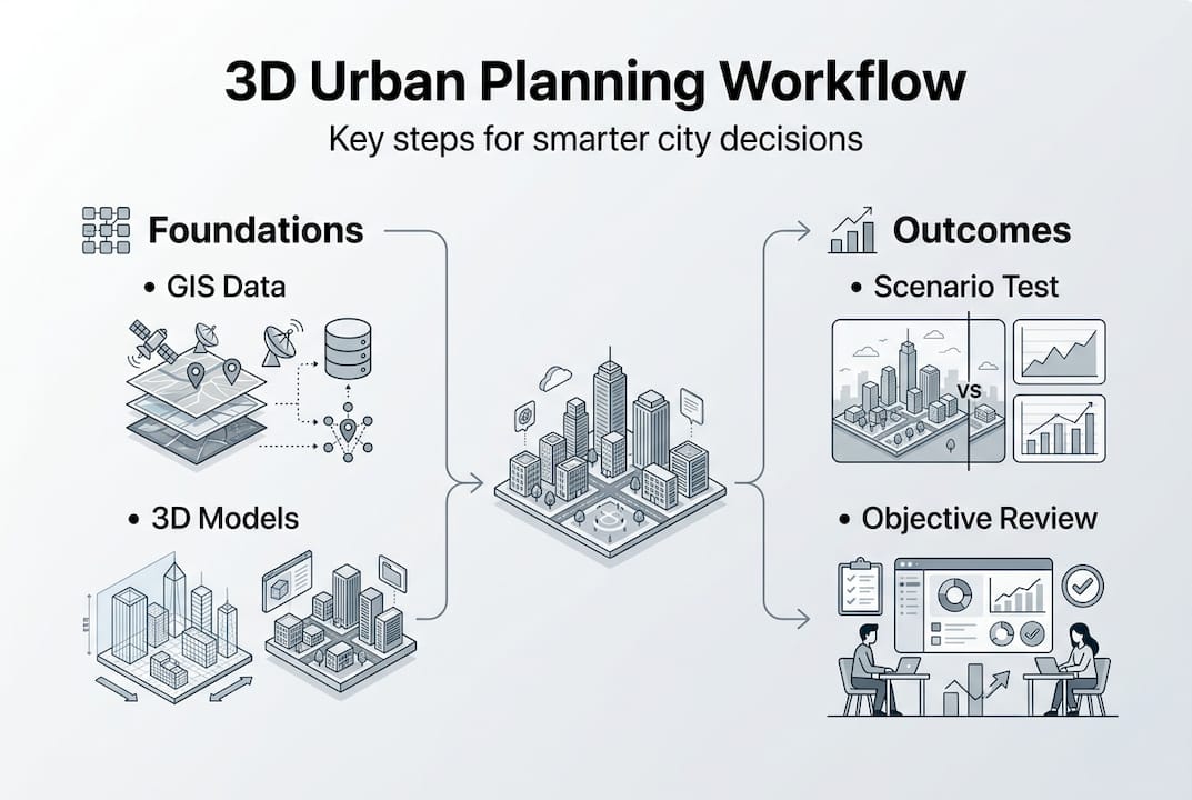Infographic of 3D urban planning workflow steps