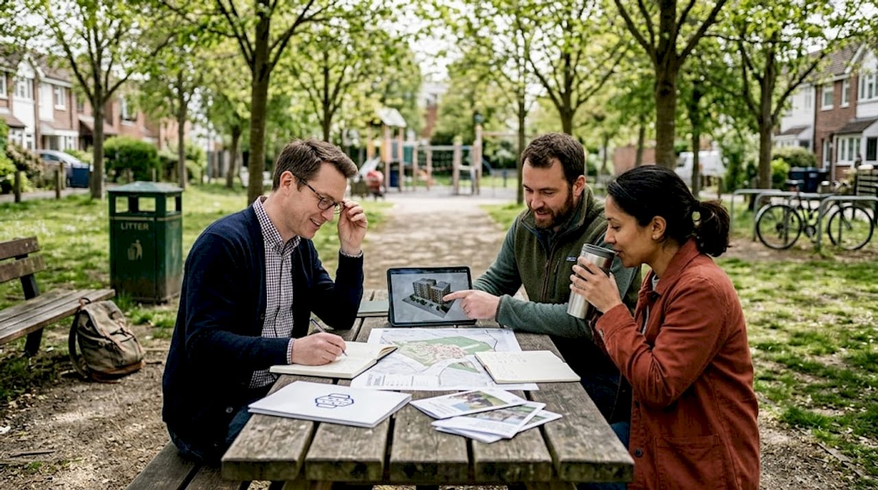 Planners discussing simulation maps in city park
