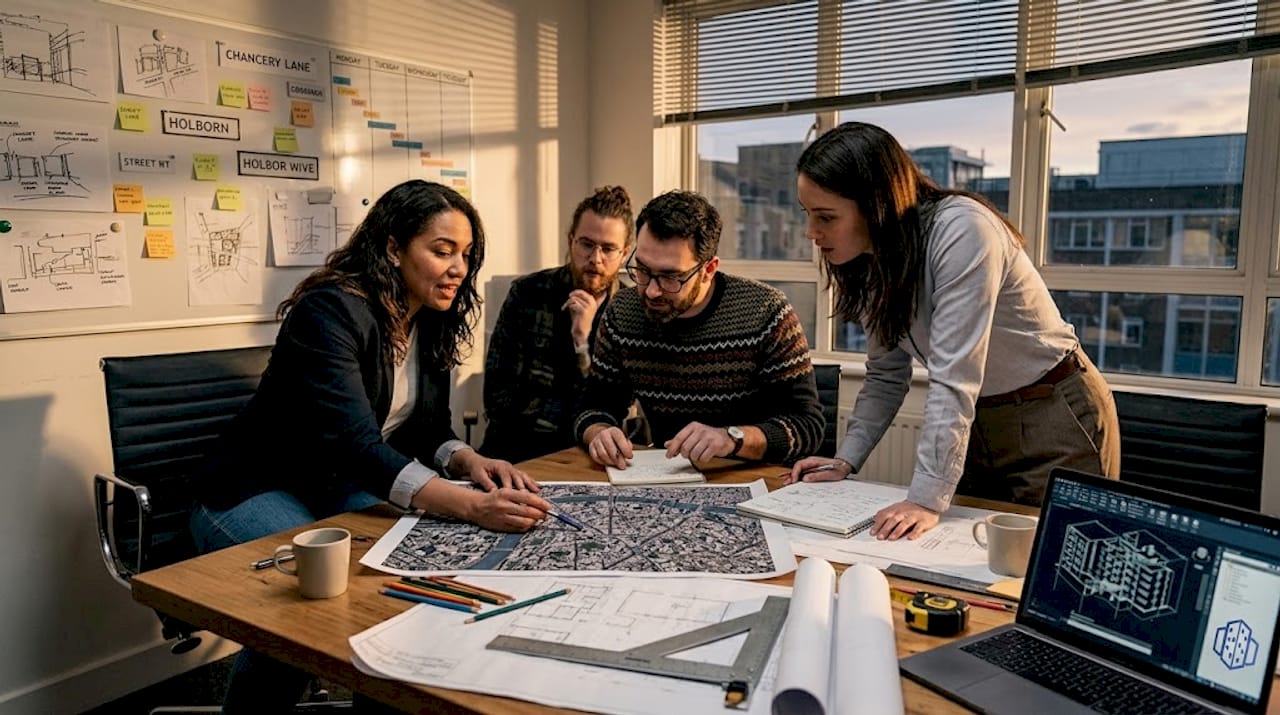 Team reviewing photorealistic city visualisation printout