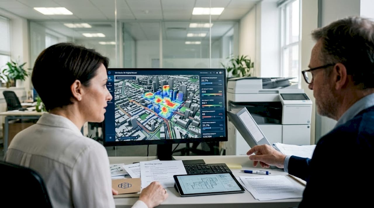 City planners review digital twin model data