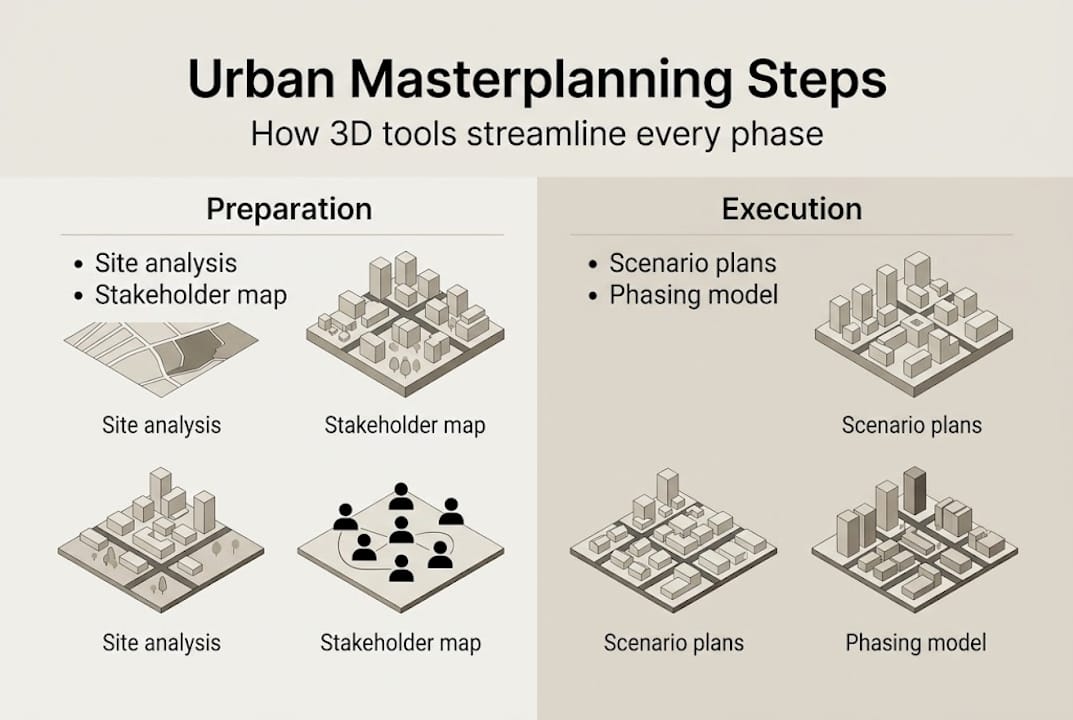 Infographic outlining masterplanning steps with 3D tools