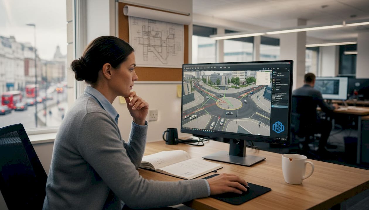 Engineer examines traffic simulation on desktop