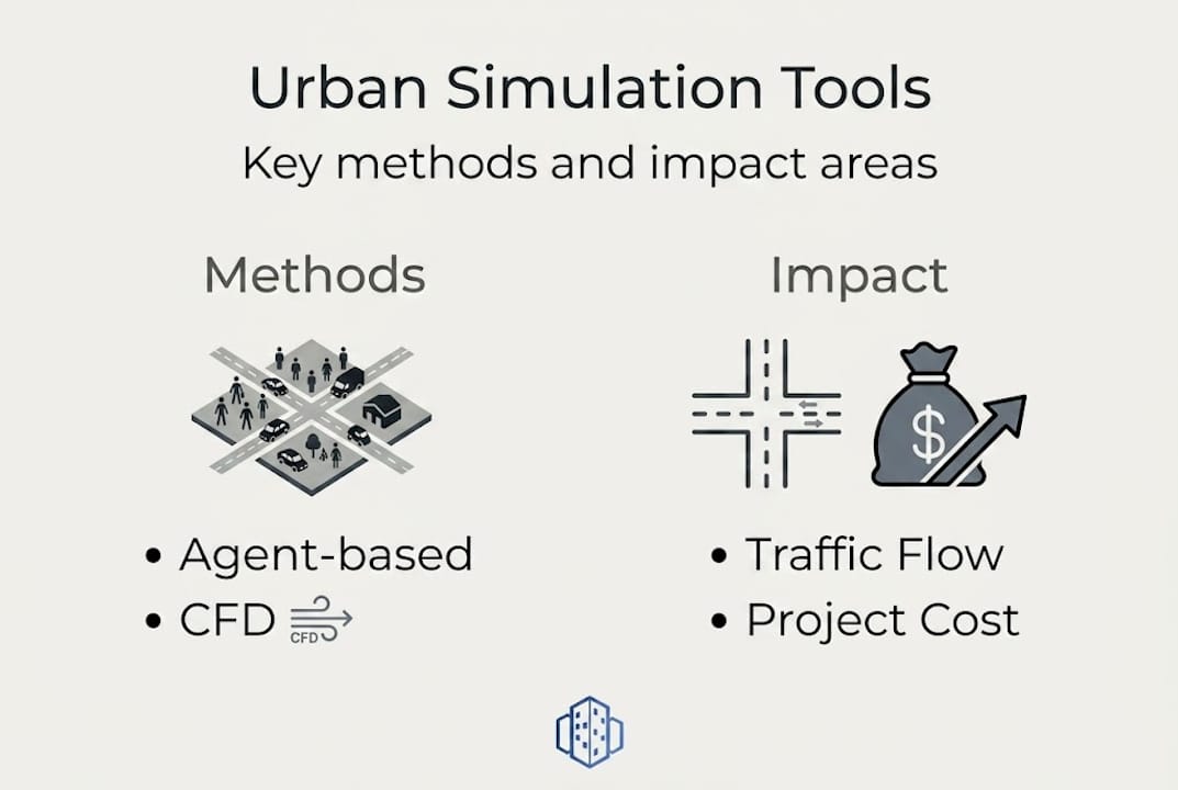 Infographic showing urban simulation methods and impact