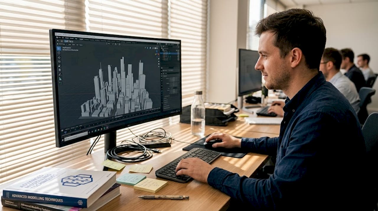 Specialist editing 3D city model at desk