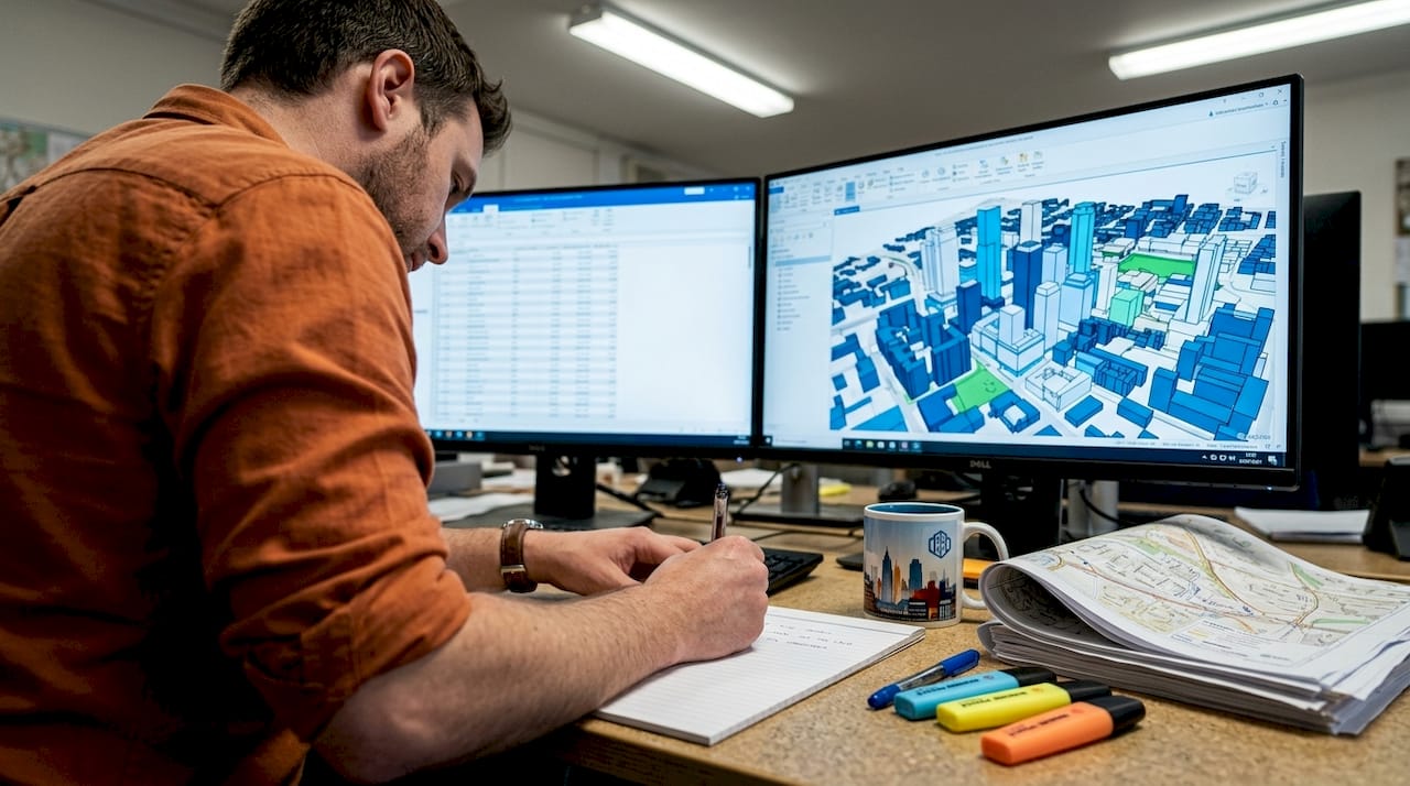 GIS specialist analyzing 3D city model workspace