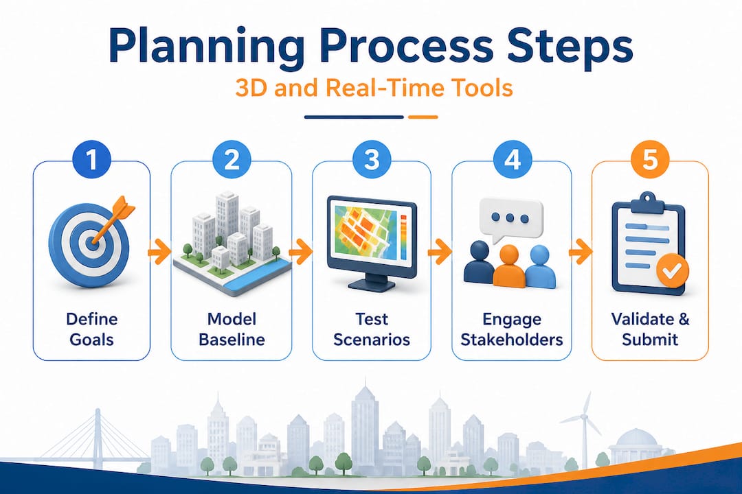 Infographic showing five steps in city planning
