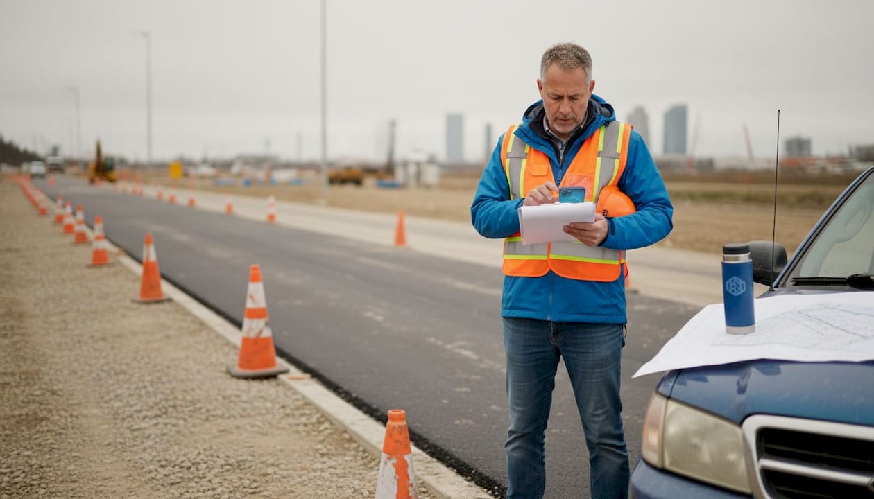 City engineer reviews work at transport project site