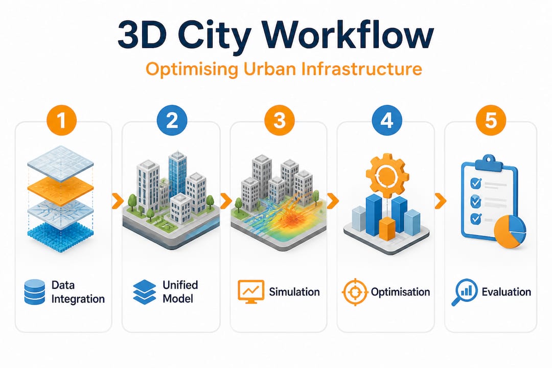 Infographic showing 3D city optimisation workflow steps