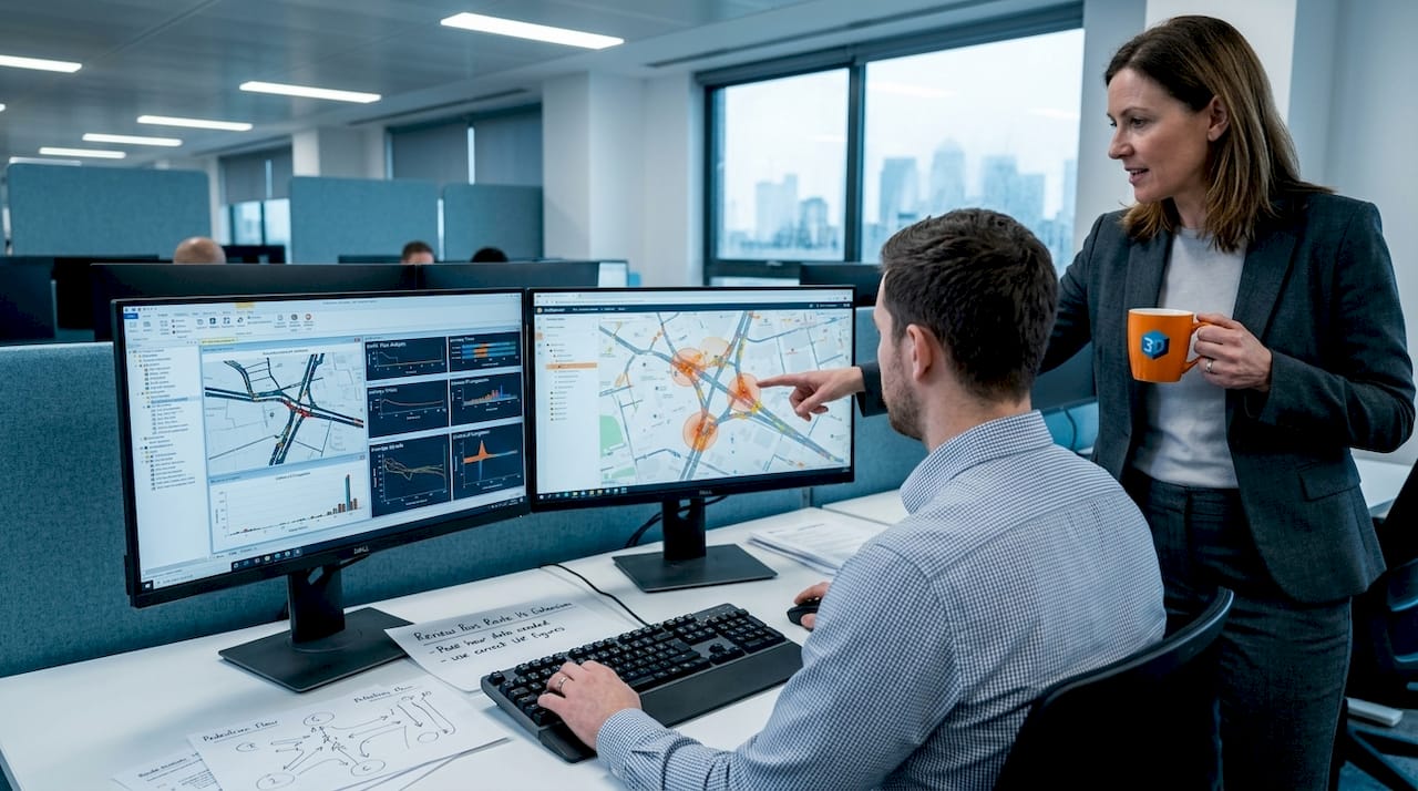 Planners analyzing urban traffic simulation