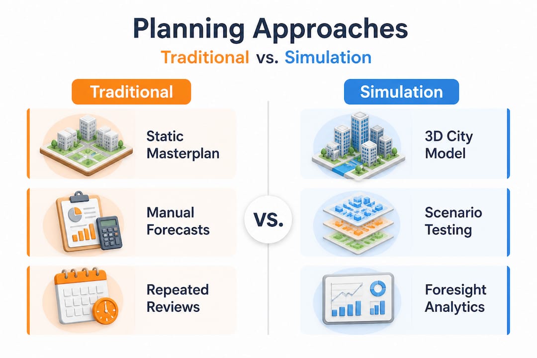 Infographic comparing traditional and simulation approaches