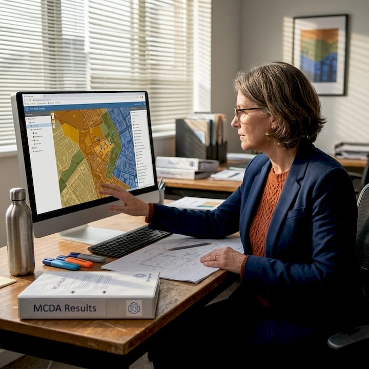 Planner reviewing GIS-integrated MCDA map