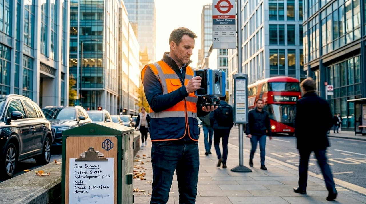 Surveyor uses LiDAR scanner on busy city sidewalk